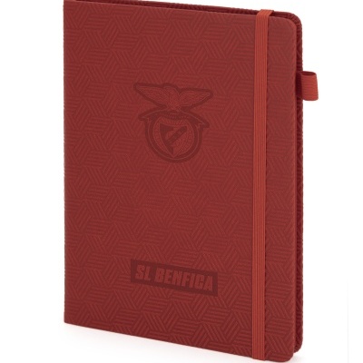Caderno vermelho SL BENFICA com padrão geométrico e elástico de fecho