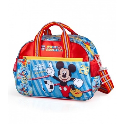 Mala infantil Mickey Mouse azul e vermelha com alças listradas