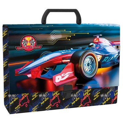 Mala infantil plástica com desenho de carro de corridas azul e vermelho