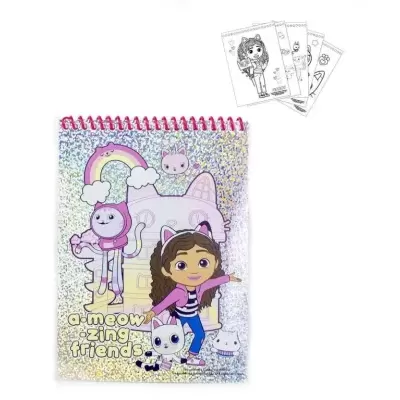 Caderno holográfico com personagens animados e folhas para colorir