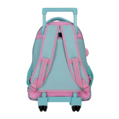 Mochila de carrinho azul claro e rosa vista de trás com alças e rodas
