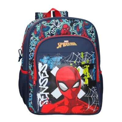 Mochila infantil azul escuro com estampa do Spider-Man e bolsos laterais em malha