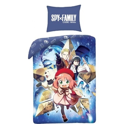 Conjunto de cama SPY×FAMILY CODE: White com almofada azul e edredão estampado.