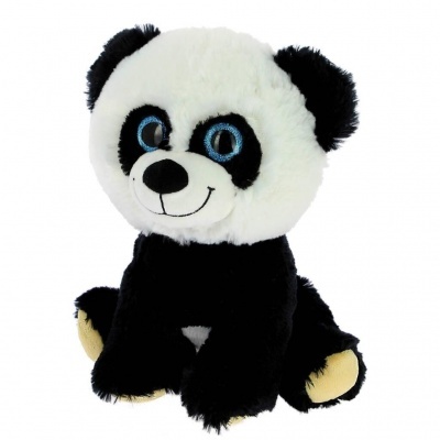 Ursinho panda de pelúcia preto e branco com olhos azuis sentado
