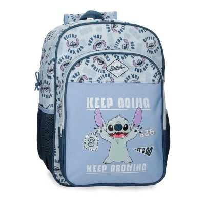 Mochila azul clara com padrão Stitch e texto motivacional
