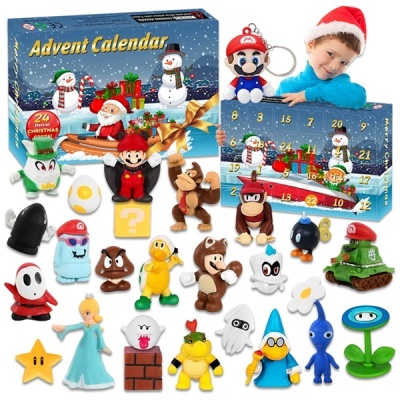 Calendário do advento Super Mario com várias figuras coloridas e caixa azul
