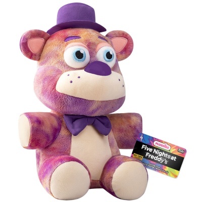 Pelúcia urso castanha e violeta com chapéu e gravata roxa, etiqueta Five Nights at Freddy's