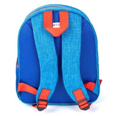Mochila pequena azul com alças acolchoadas e detalhes em laranja