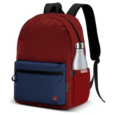Mochila vermelha e azul com bolso frontal azul, logótipo do Homem-Aranha, garrafa e etiqueta MARVEL