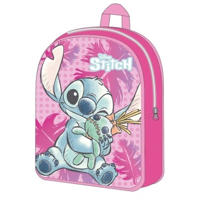 Mochila infantil rosa com estampa do personagem Stitch abraçando boneca