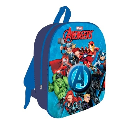 Mochila azul com personagens dos Avengers e texto MARVEL AVENGERS