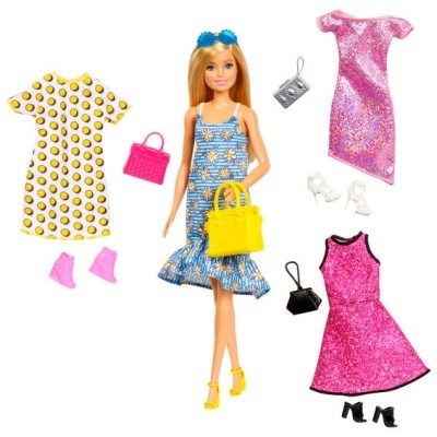 Boneca Barbie com vestidos e acessórios coloridos para troca