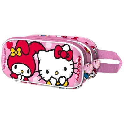 Estojo escolar rosa com estampas Hello Kitty e My Melody, zíper com puxadores de coração e alça lateral rosa.