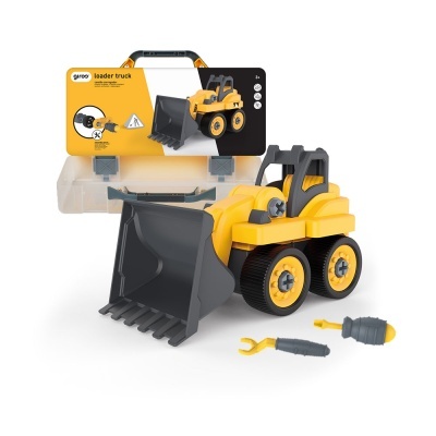 Carrinho de carregadora de brinquedo amarelo e cinza com ferramentas e embalagem