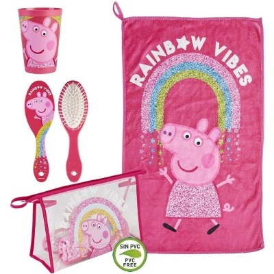 Conjunto infantil rosa Peppa Pig com toalha, escova, pente, copo e saco transparente