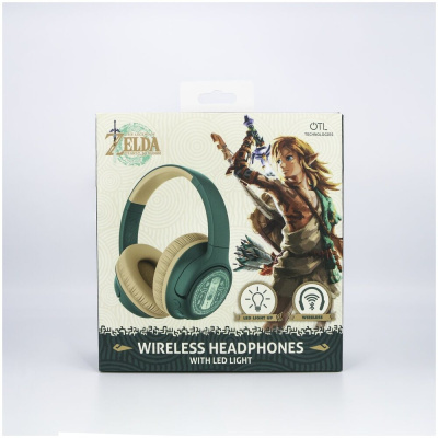 Caixa de auscultadores sem fios verde escuro e bege com luz LED The Legend of Zelda