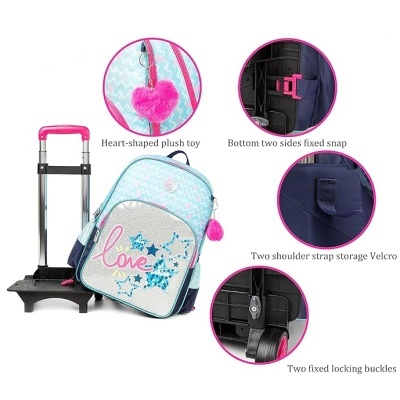 Mochila azul clara com padrão de estrelas e acessórios cor-de-rosa