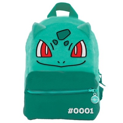 Mochila felpuda verde com rosto do Bulbasaur e número #0001