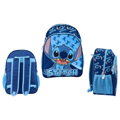 Mochila infantil azul com personagem Stitch e texto STITCH