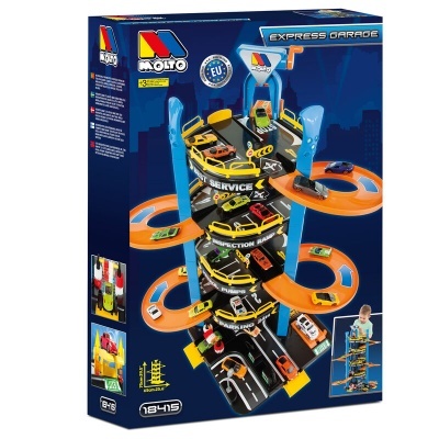 Brinquedo Molto Express Garage com parque de estacionamento em plástico colorido e vários carros em miniatura