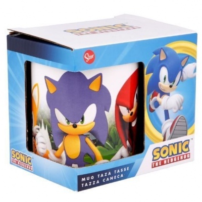 Caneca Sonic the Hedgehog com personagens coloridos em embalagem azul