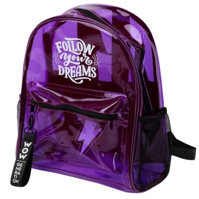 Mochila transparente roxa com texto 'FOLLOW your DREAMS' e bolso frontal com zíper.