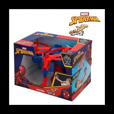 Drone helicóptero Spider-Man vermelho e azul na embalagem