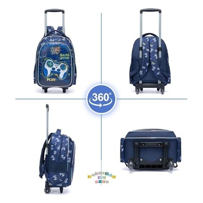 Mochila de rodinhas azul escuro com desenhos e textos relacionados a videojogos