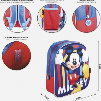 Mochila infantil azul e vermelha com estampa do Mickey Mouse e texto em espanhol