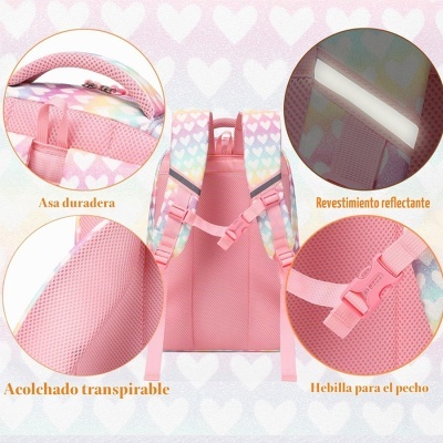 Mochila rosa com alças coloridas, acolchoado respirável, pega durável e fivela de peito