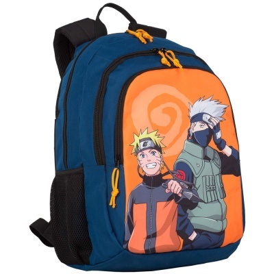 Mochila azul escuro com bolso frontal laranja e ilustração de Naruto e Kakashi