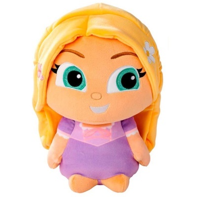 Peluche de boneca com cabelo amarelo e vestido roxo