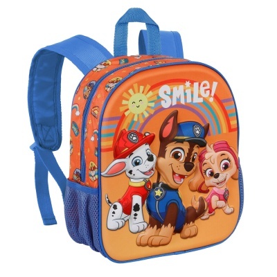 Mochila infantil azul e laranja com personagens animados e texto SMILE