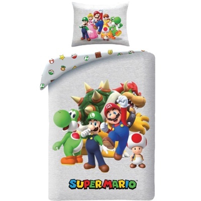 Conjunto de cama infantil com personagens Super Mario em fundo cinza