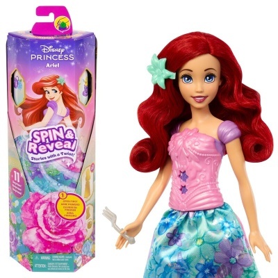 Boneca Ariel da Disney Princess com vestido colorido embalada na caixa Spin & Reveal