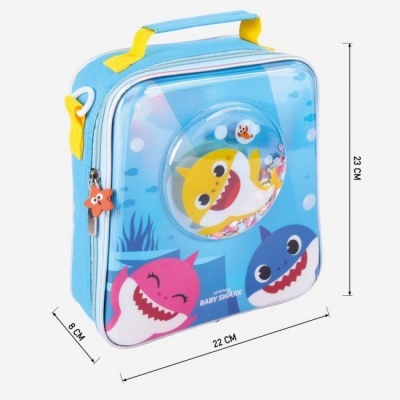Mala infantil azul com personagens de tubarão coloridos e painel transparente