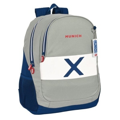 Mochila cinzenta e azul com bolso branco e logotipo Munich
