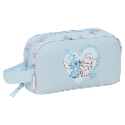 Estojo azul claro com personagens Stitch e Angel e texto Love you with my whole heart