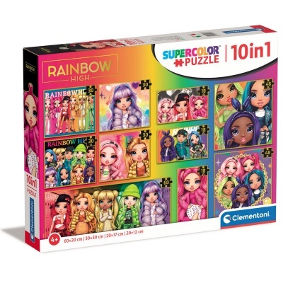 Caixa de puzzles Rainbow High com 10 puzzles coloridos de 48 a 80 peças da Clementoni