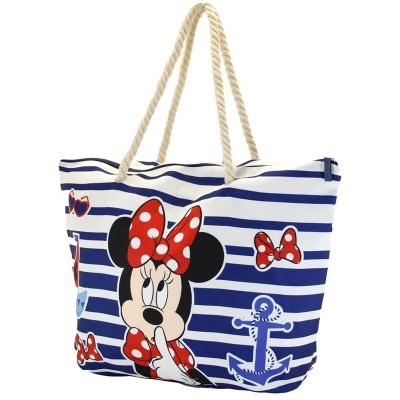 Saco de praia riscas azuis e brancas com desenho da Minnie Mouse e âncora azul