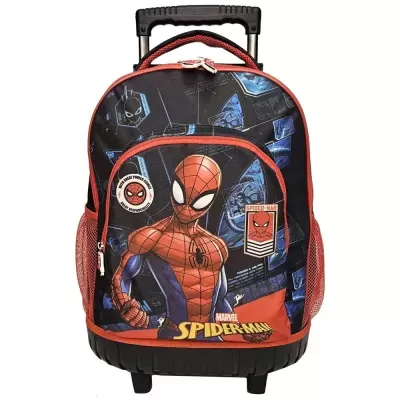 Mochila de rodinhas com estampa do Homem-Aranha em preto, vermelho e azul