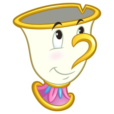 Ilustração de caneca animada branca com detalhes dourados, rosa e azul.