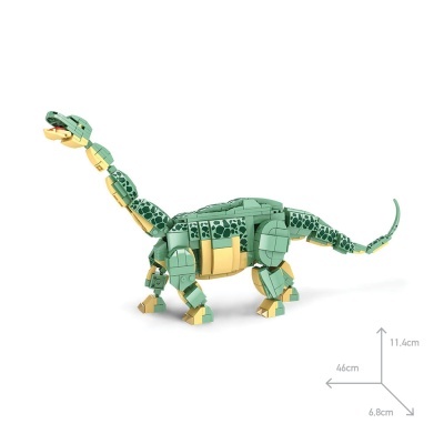 Modelo de dinossauro de peças plásticas verde e bege sobre fundo branco com dimensões indicadas.