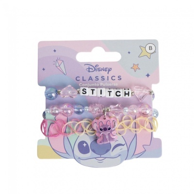 Conjunto de pulseiras Disney com pendente do Stitch em cartão decorativo lilás.