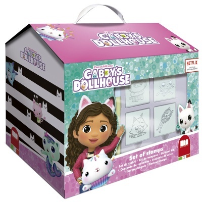 Embalagem de brinquedo Gabby's Dollhouse em forma de casa com ilustração de personagem e carimbos
