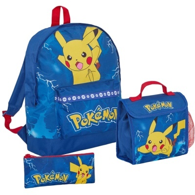 Conjunto mochila, lancheira e estojo com design Pikachu Pokémon azul e vermelho