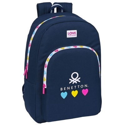 Mochila azul escura Benetton com logo e corações coloridos