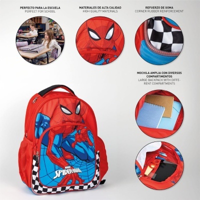 Mochila vermelha e azul com Homem-Aranha e padrão de quadrados