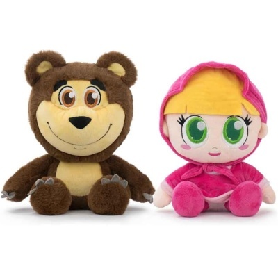 Duas peluches, uma urso castanho e uma boneca com roupa rosa