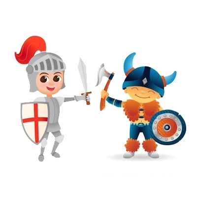 Ilustração de cavaleiro cinzento e guerreiro viking azul com armas e escudos